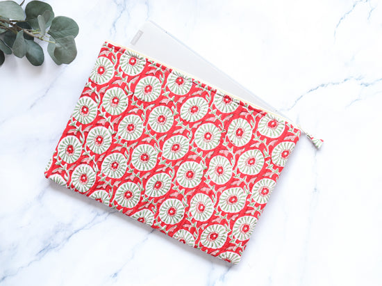 Red Laptop Sleeve - Floral Cotton Quilted Case MacBook and Tablet