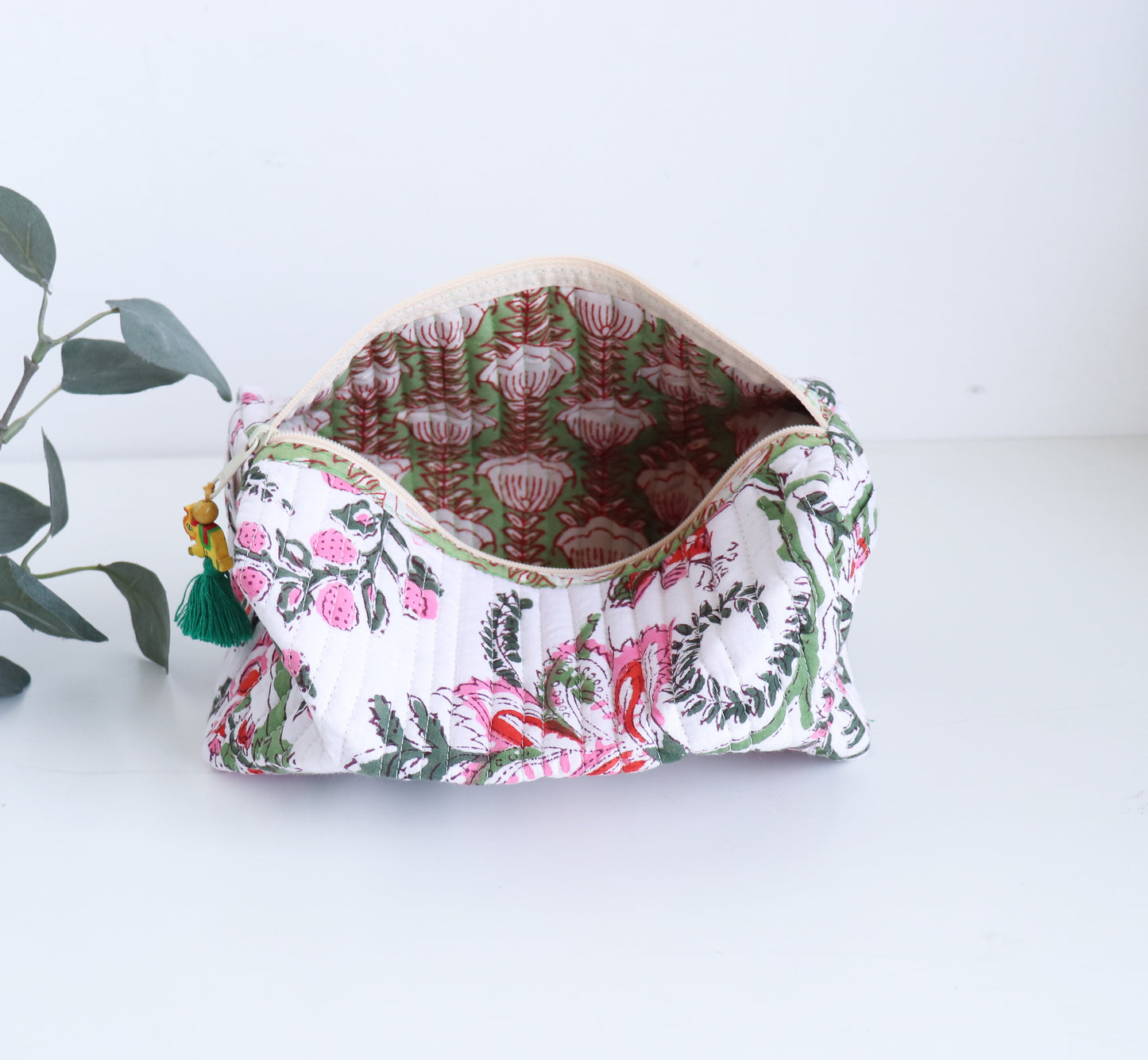 White, Red & Green Floral Quilted Cosmetic Bag