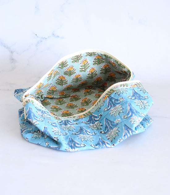 Floral Quilted Makeup Bag - Topaz Blue