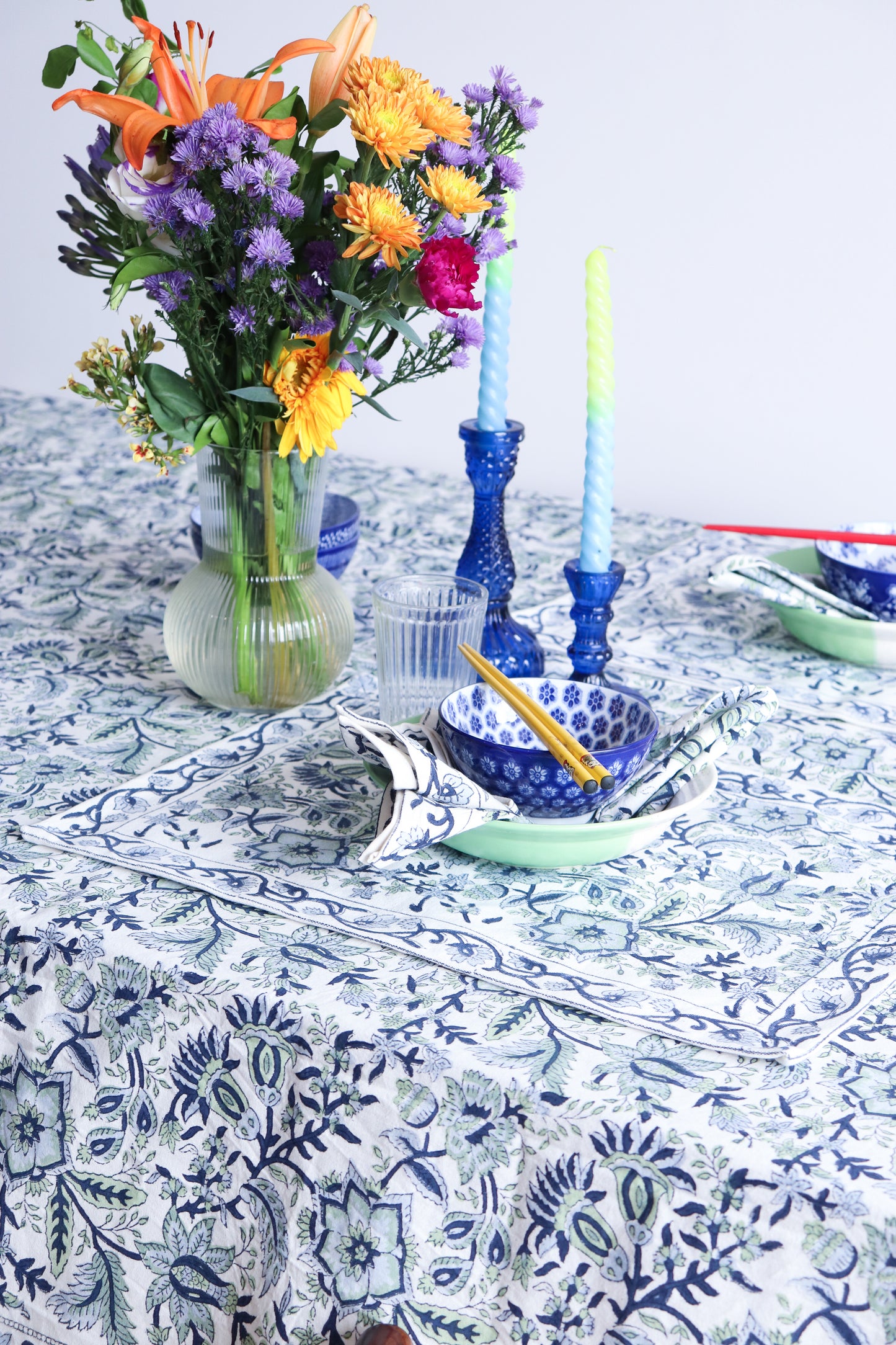 Floral Table Cloth - White and Blue