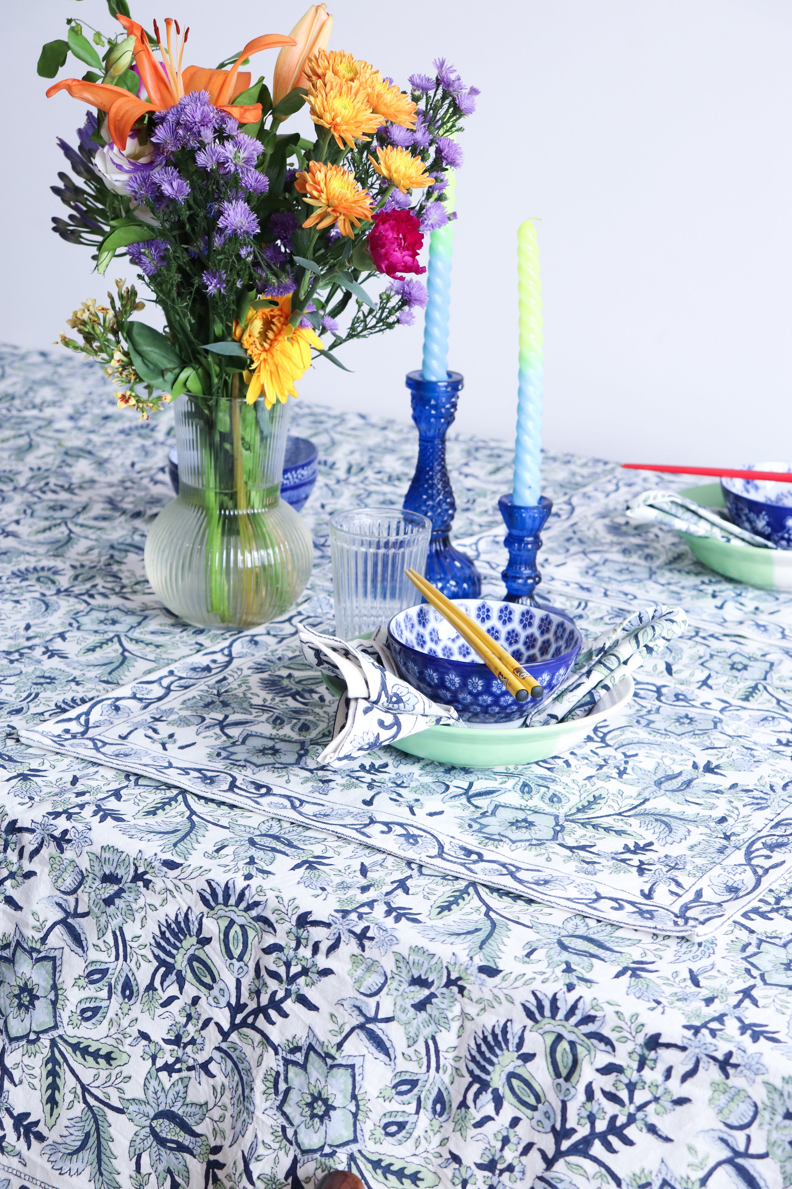 Floral Table Cloth - White and Blue