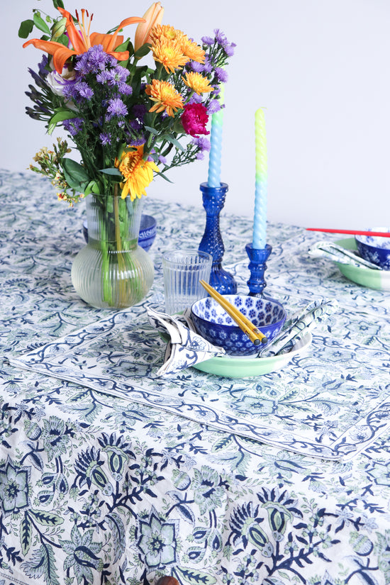 Floral Table Cloth - White and Blue