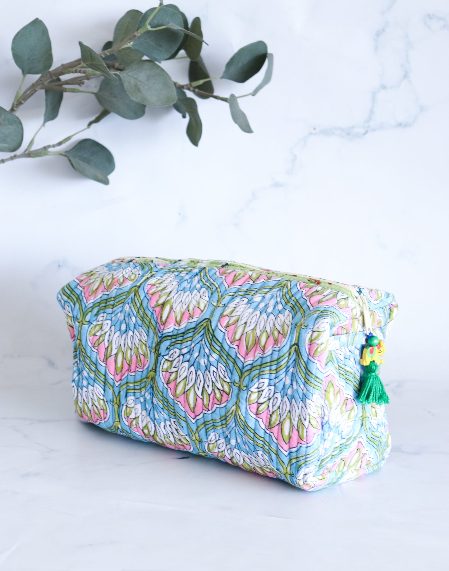 Floral Quilted Makeup Bag - Azure Blue