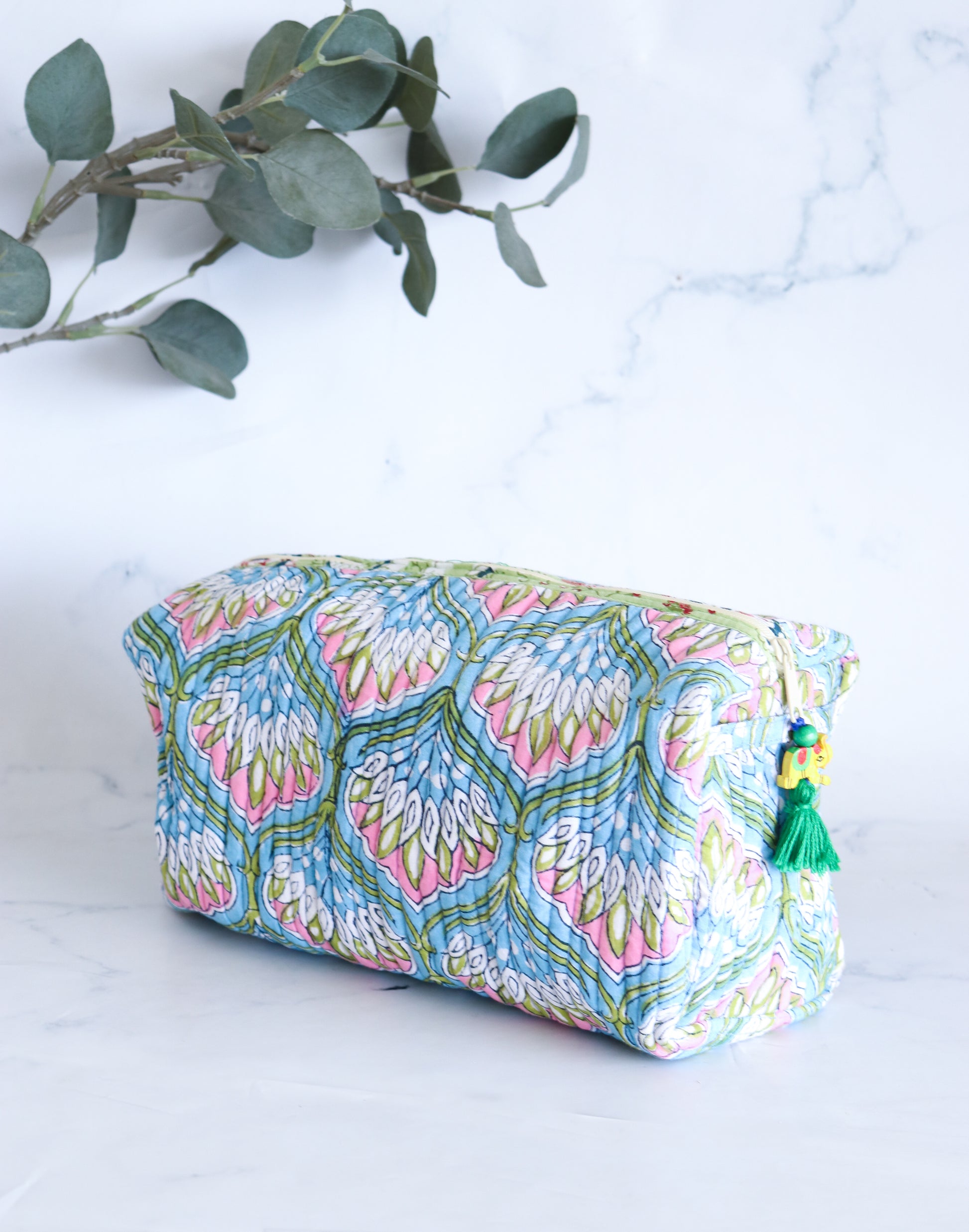 Floral Quilted Makeup Bag - Azure Blue