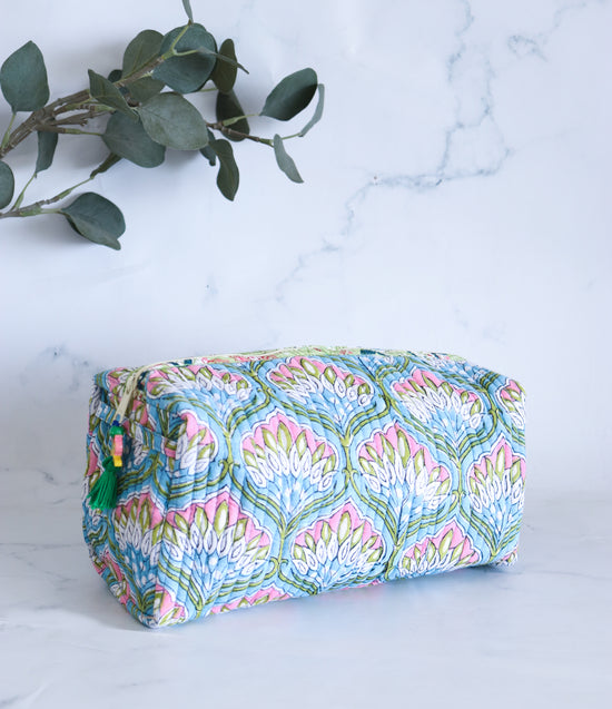 Floral Quilted Makeup Bag - Azure Blue