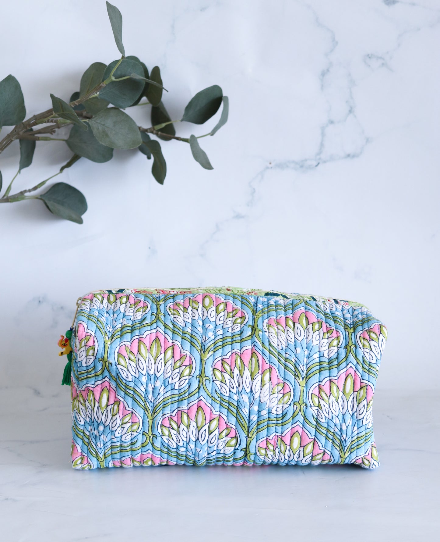 Floral Quilted Makeup Bag - Azure Blue