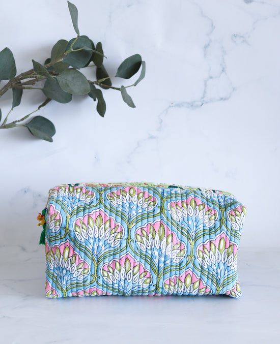 Floral Quilted Makeup Bag - Azure Blue