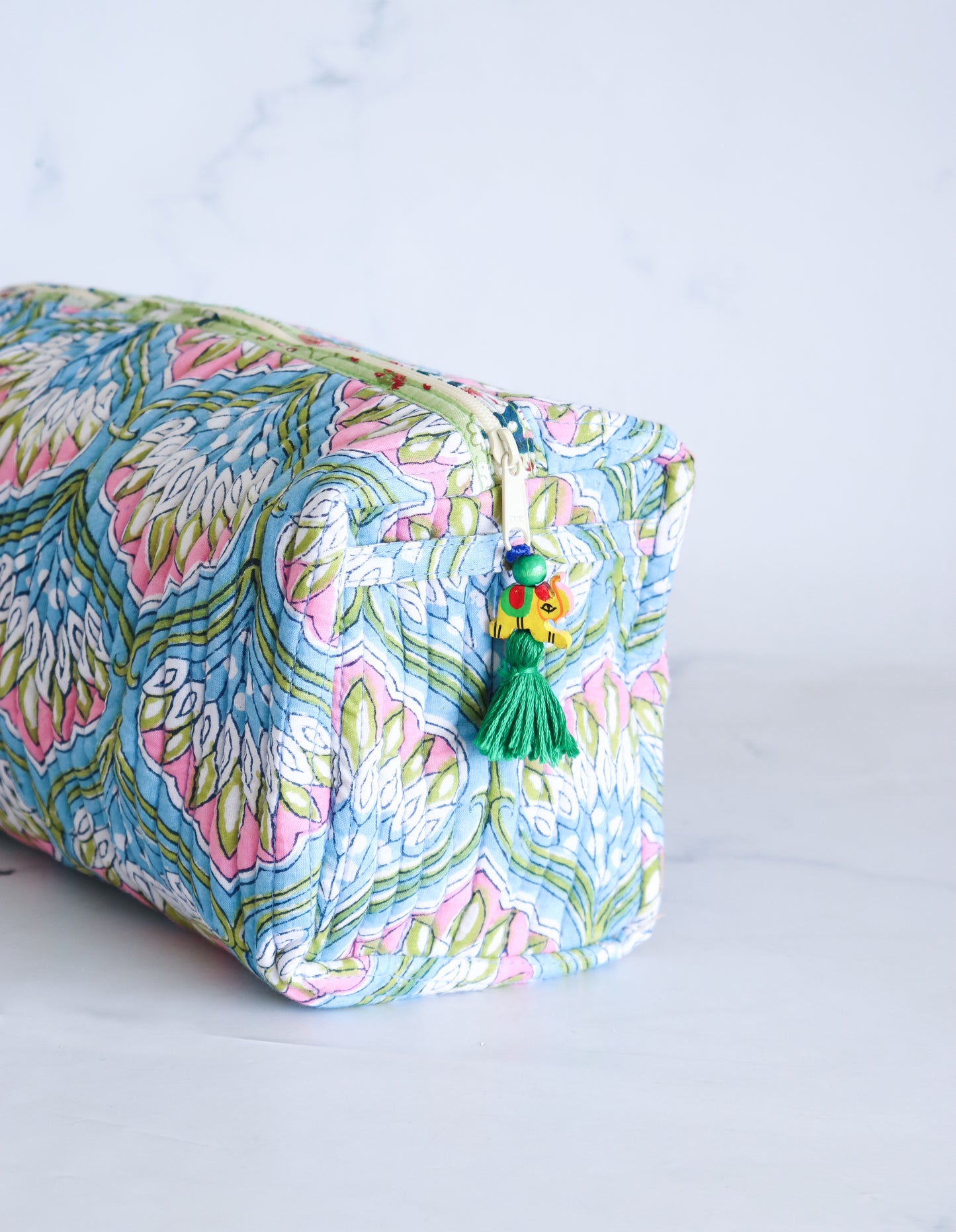 Floral Quilted Makeup Bag - Azure Blue