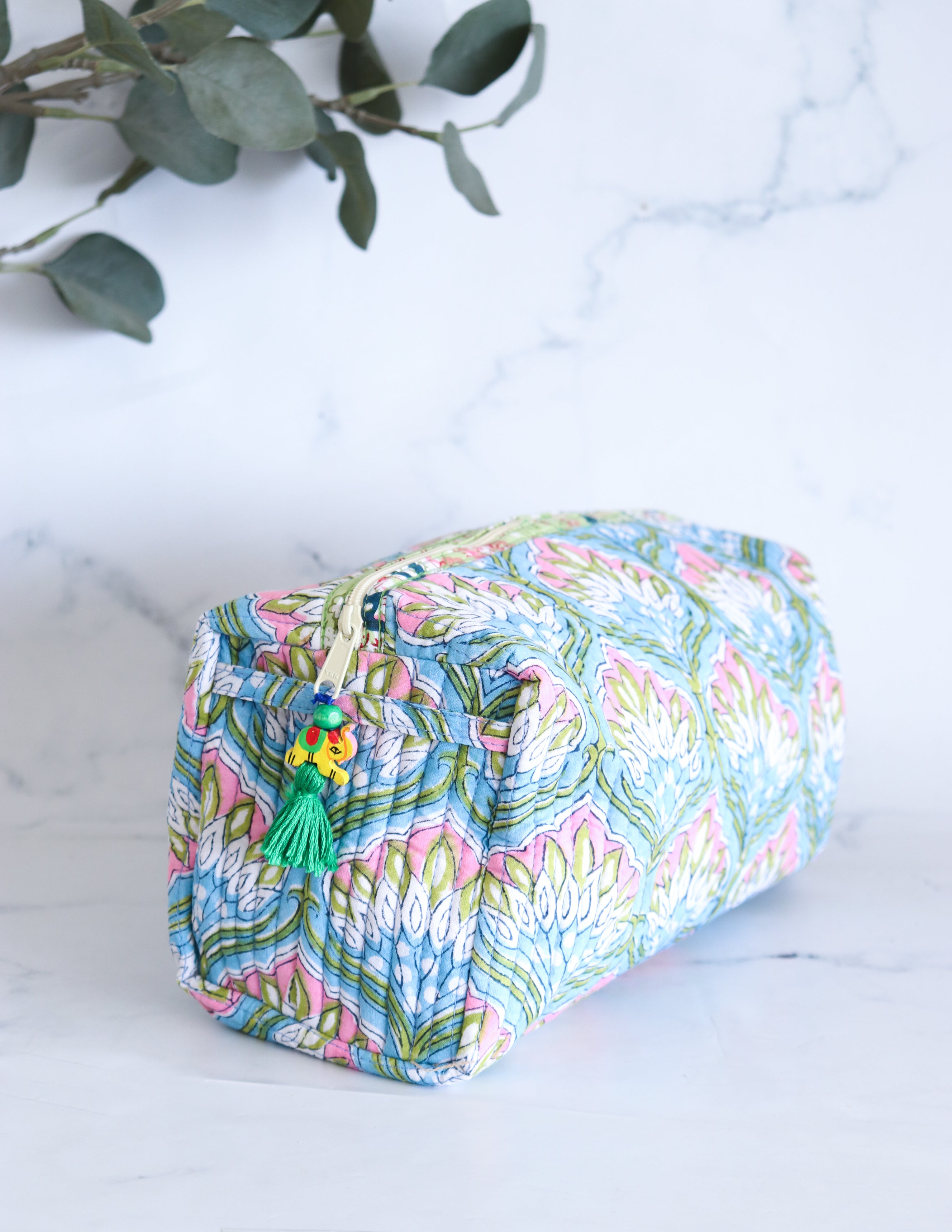 Floral Quilted Makeup Bag - Azure Blue