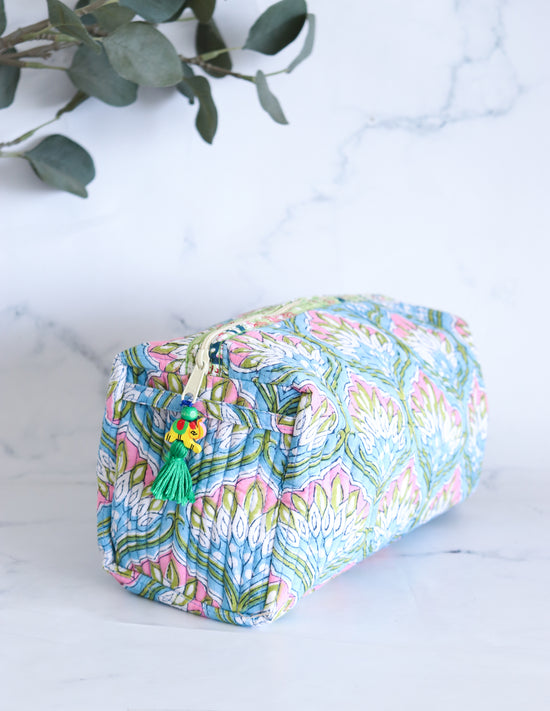 Floral Quilted Makeup Bag - Azure Blue