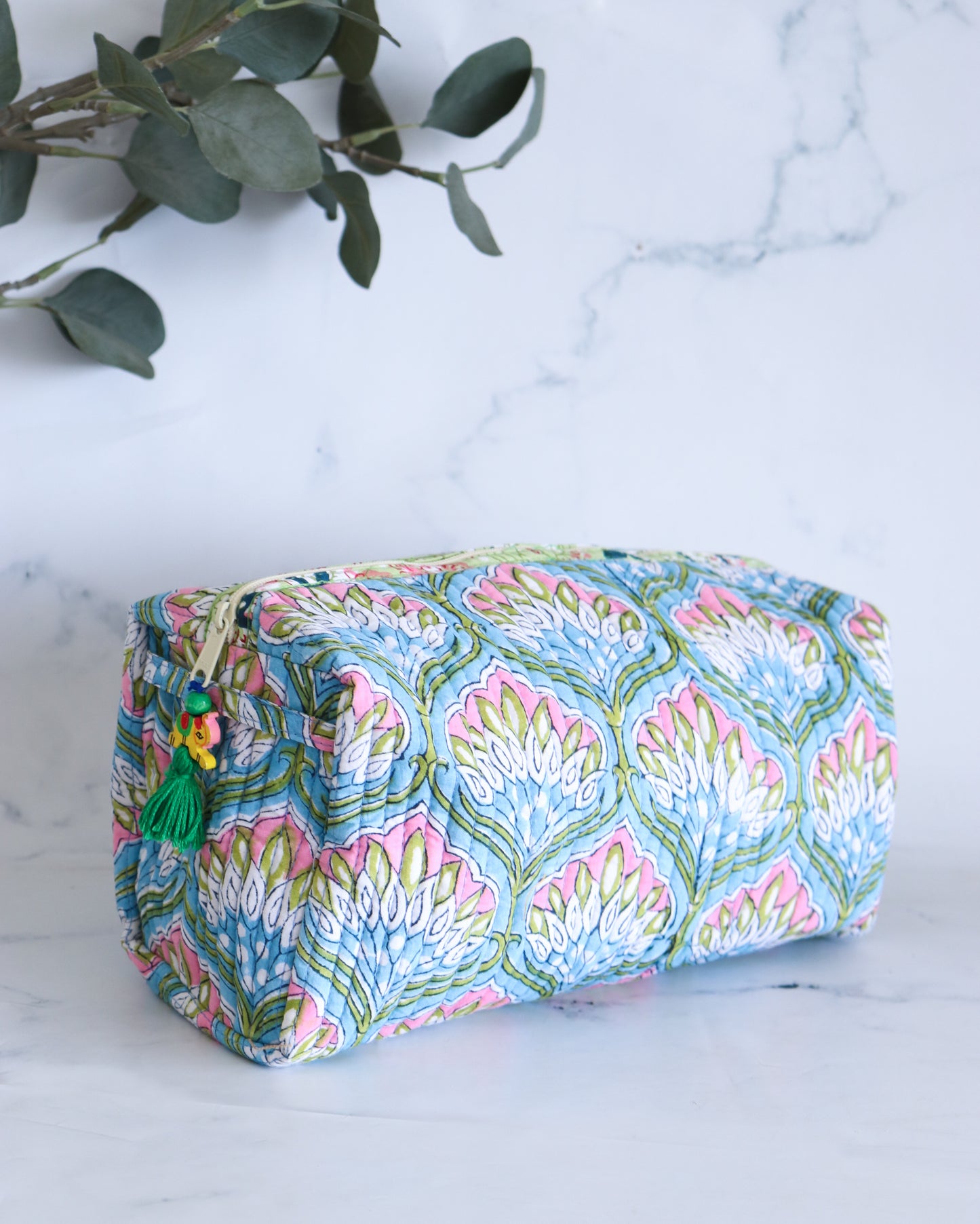 Floral Quilted Makeup Bag - Azure Blue