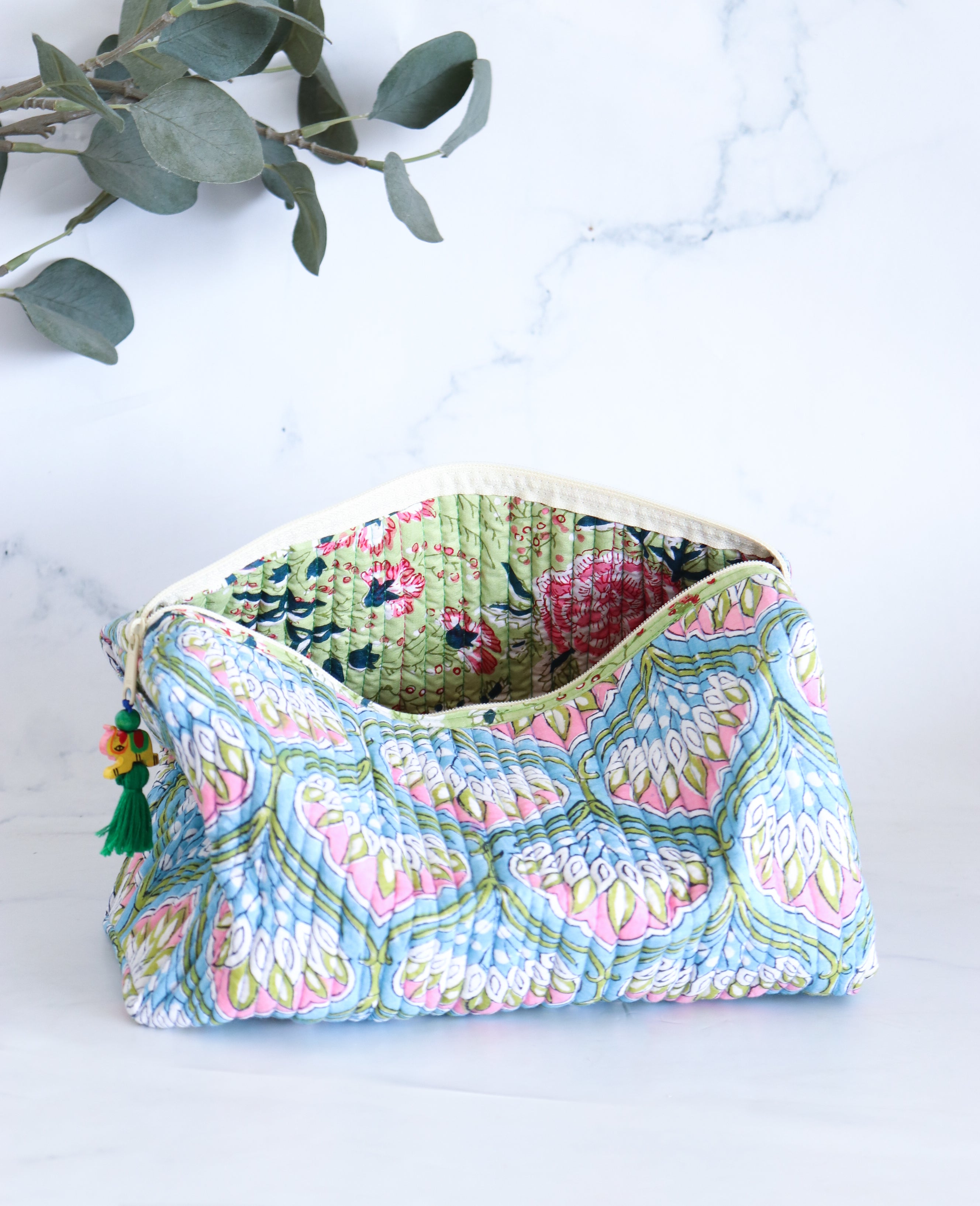 Floral Quilted Makeup Bag - Azure Blue