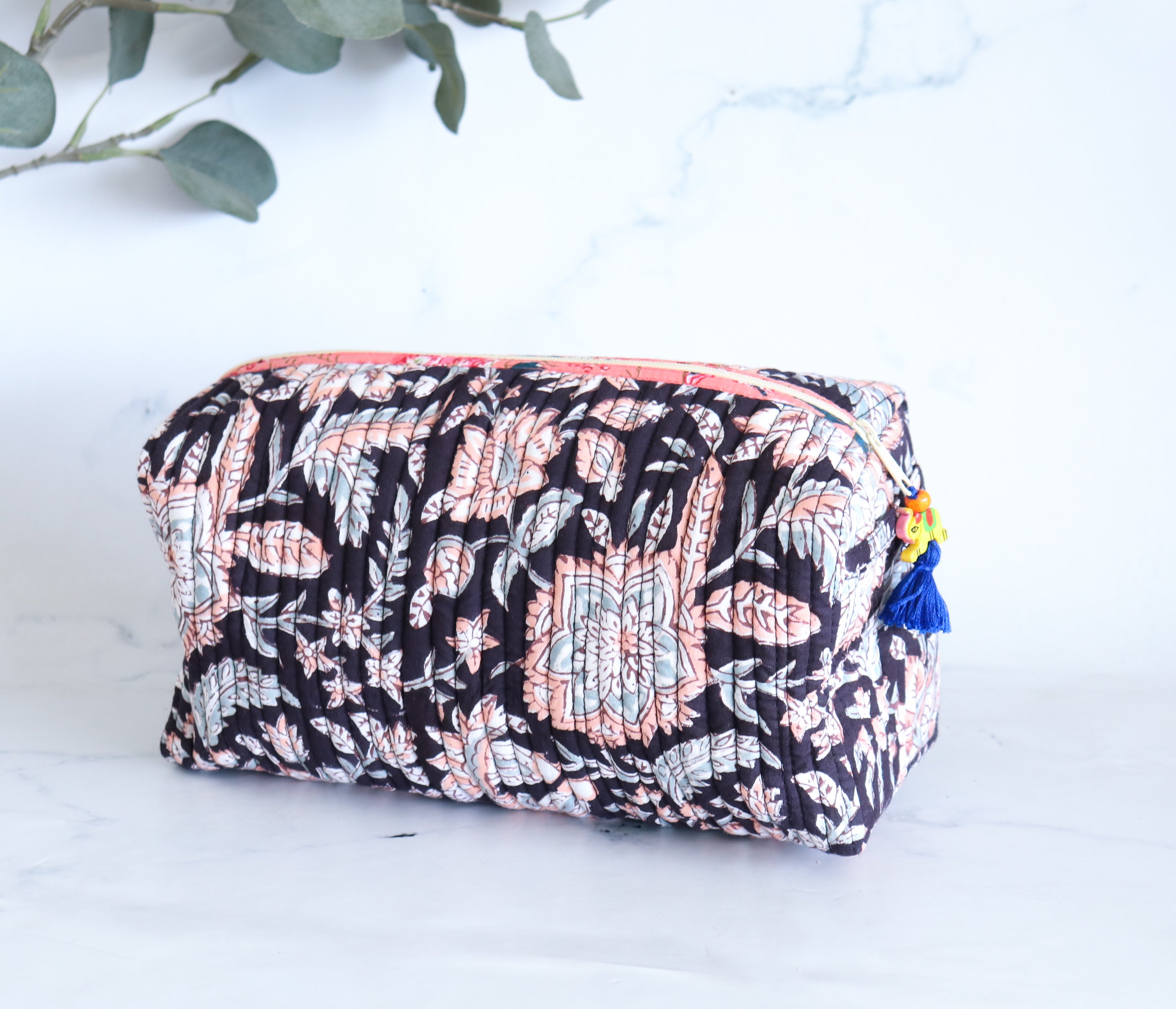 Floral Quilted Makeup Bag - Blackcurrant