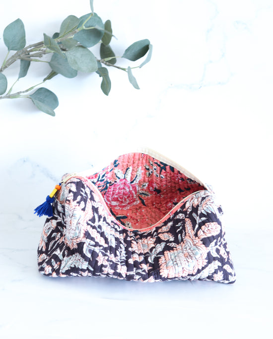 Floral Quilted Makeup Bag - Blackcurrant