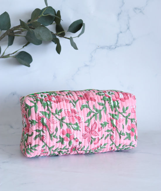 Floral Quilted Makeup Bag - Candy Pink
