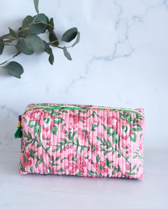 Floral Quilted Makeup Bag - Candy Pink