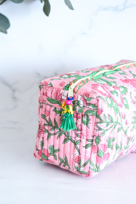Floral Quilted Makeup Bag - Candy Pink