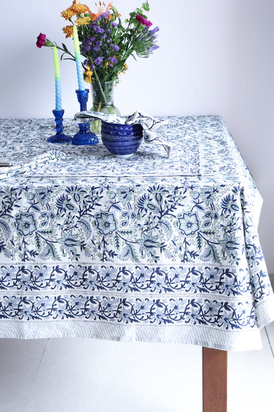 Floral Table Cloth - White and Blue