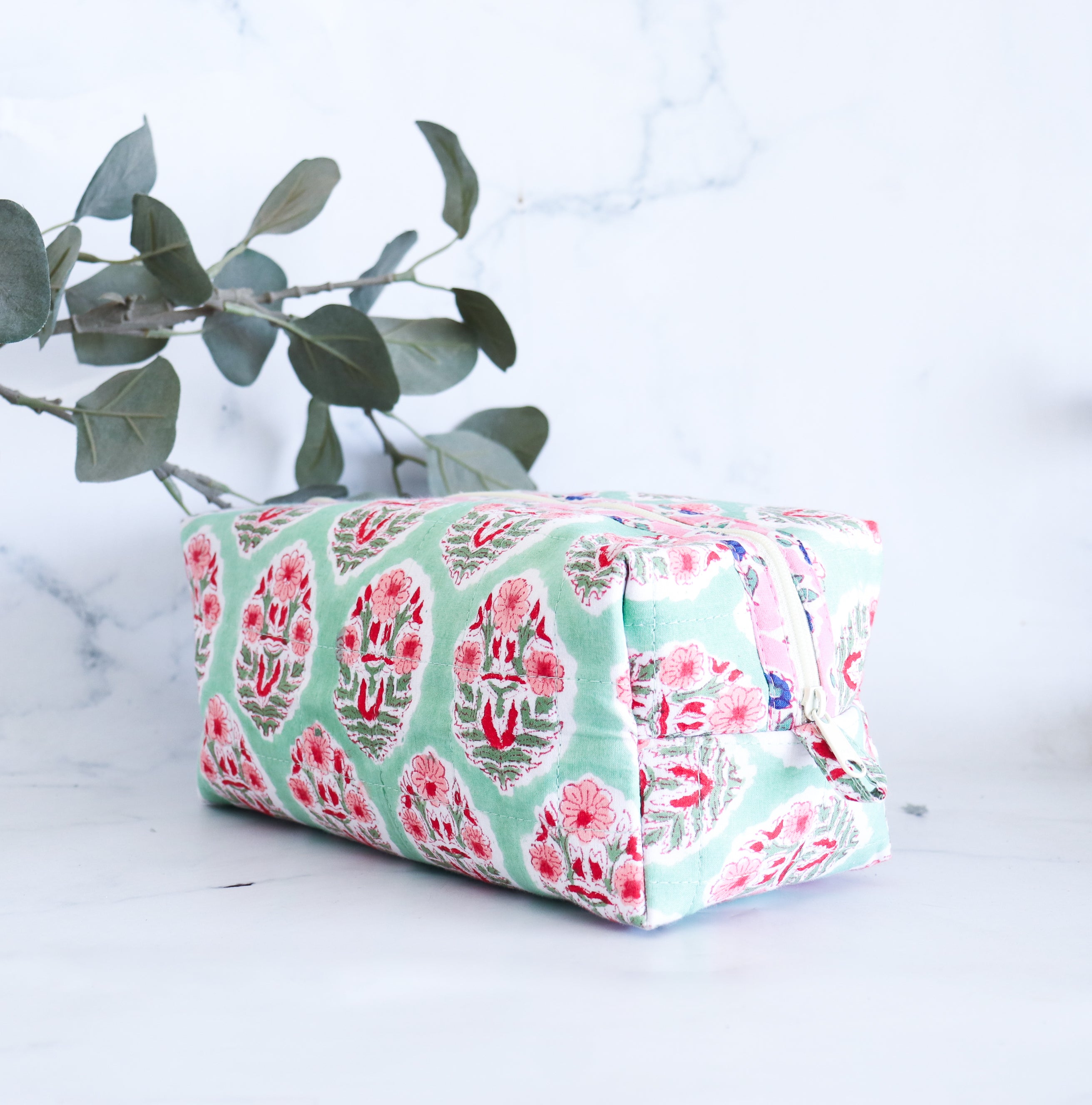 Floral Quilted Makeup Bag - Spring Green