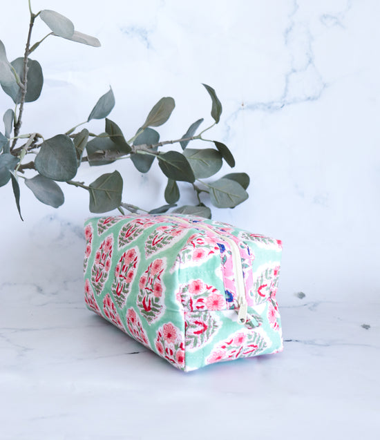 Floral Quilted Makeup Bag - Spring Green