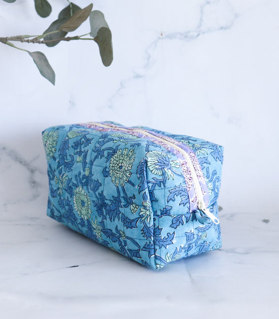Floral Quilted Makeup Bag - Cornflower Blue