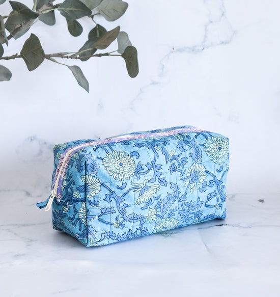 Floral Quilted Makeup Bag - Cornflower Blue