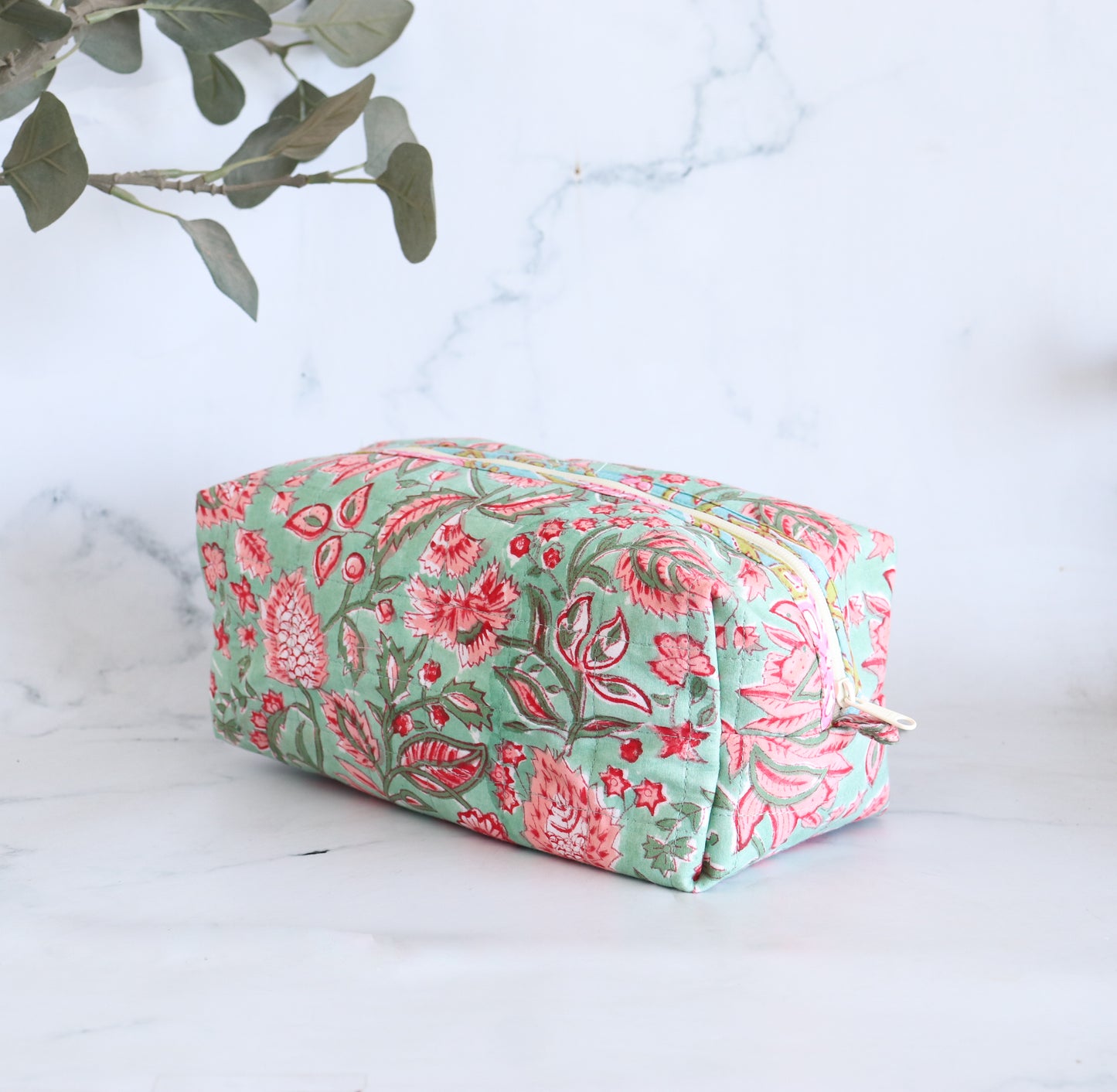 Floral Quilted Makeup Bag - Seafoam Green