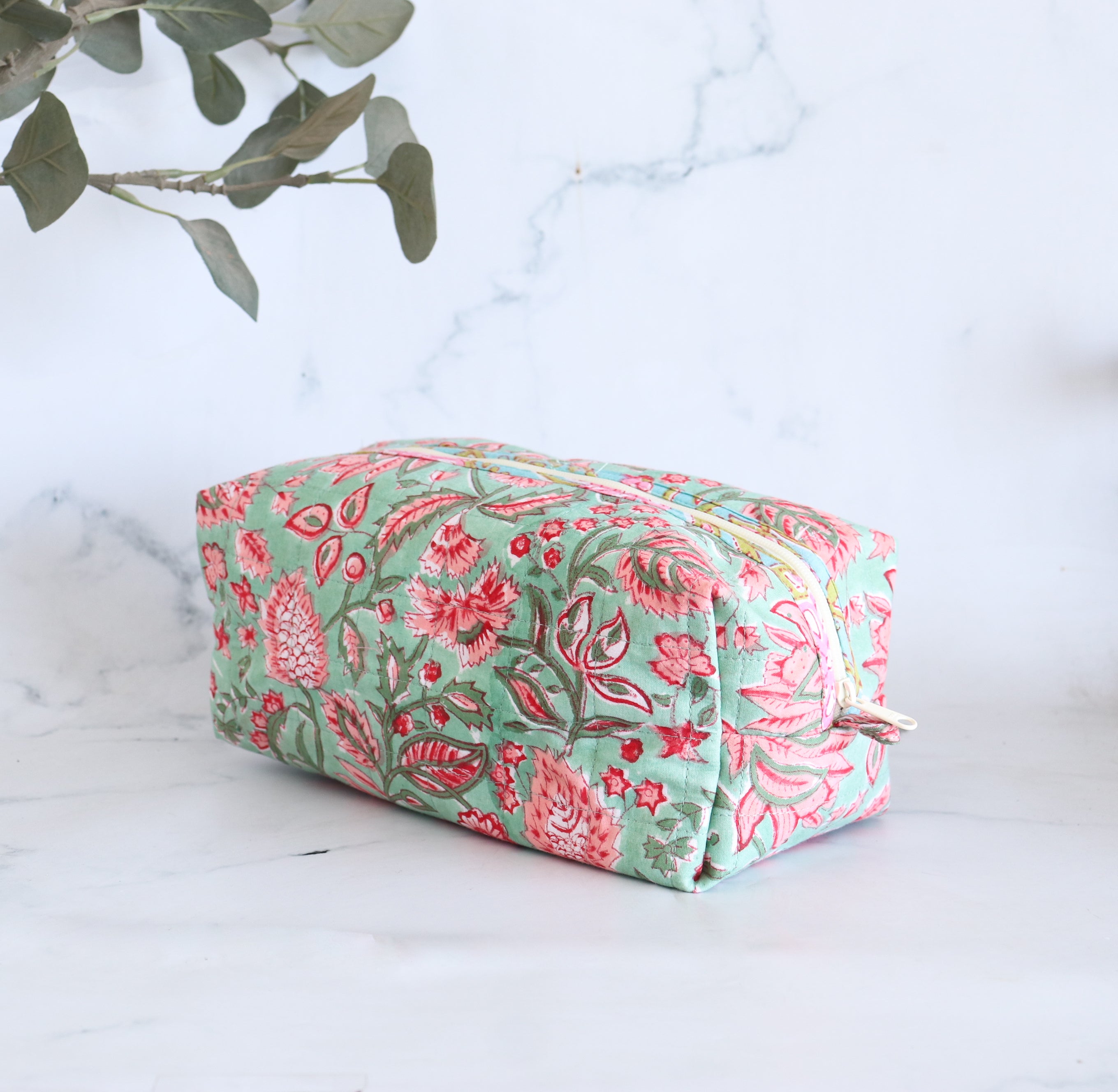Floral Quilted Makeup Bag - Seafoam Green
