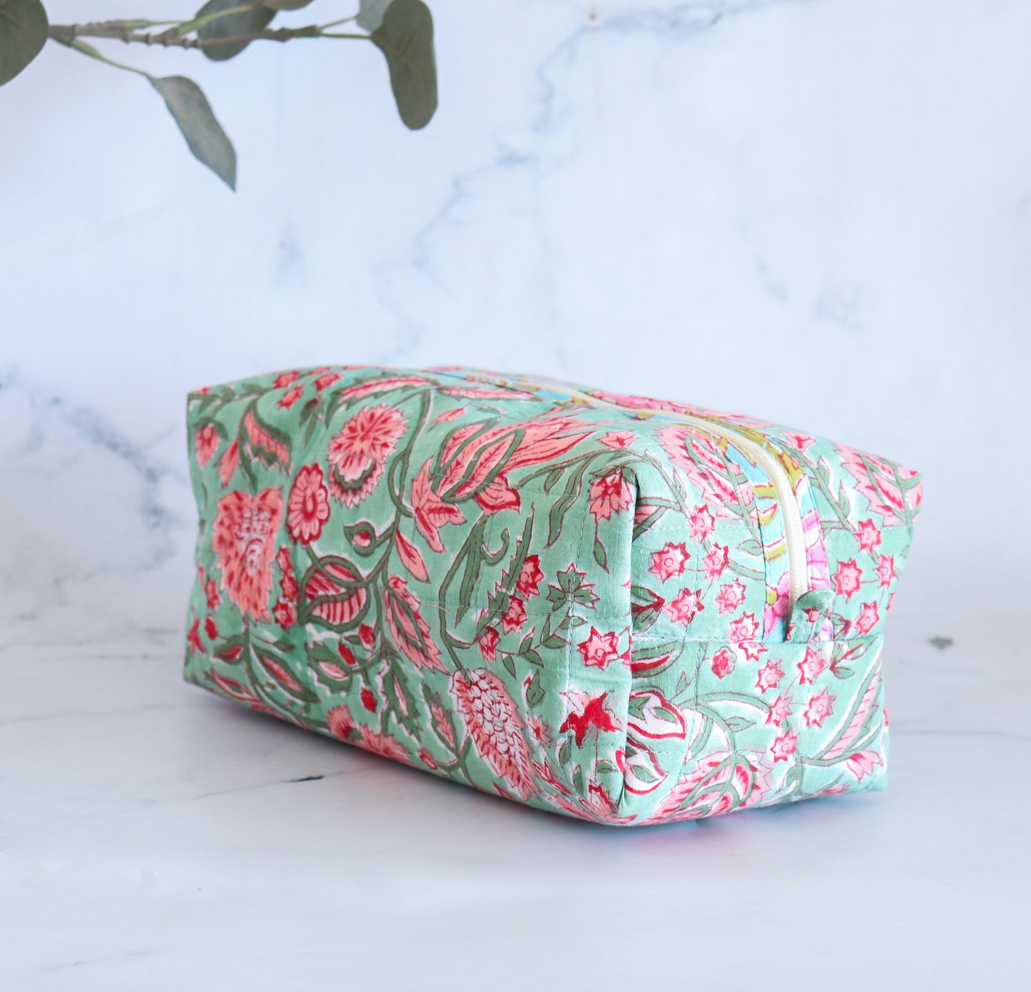 Floral Quilted Makeup Bag - Seafoam Green