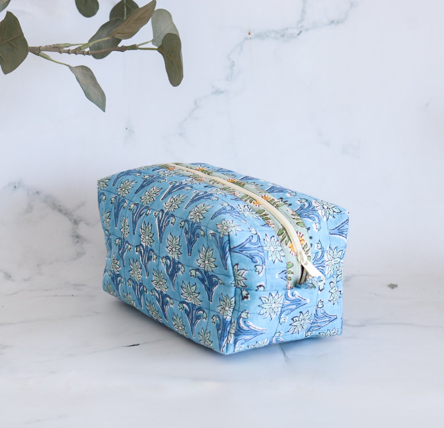 Floral Quilted Makeup Bag - Topaz Blue