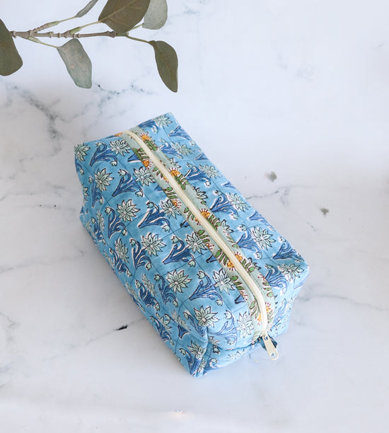 Floral Quilted Makeup Bag - Topaz Blue