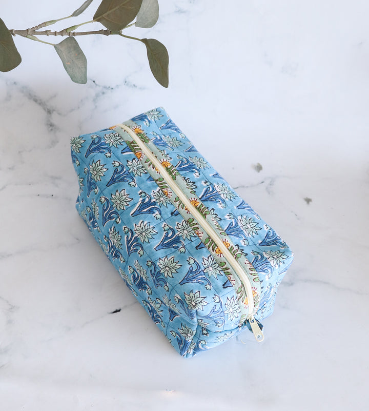 Floral Quilted Makeup Bag - Topaz Blue