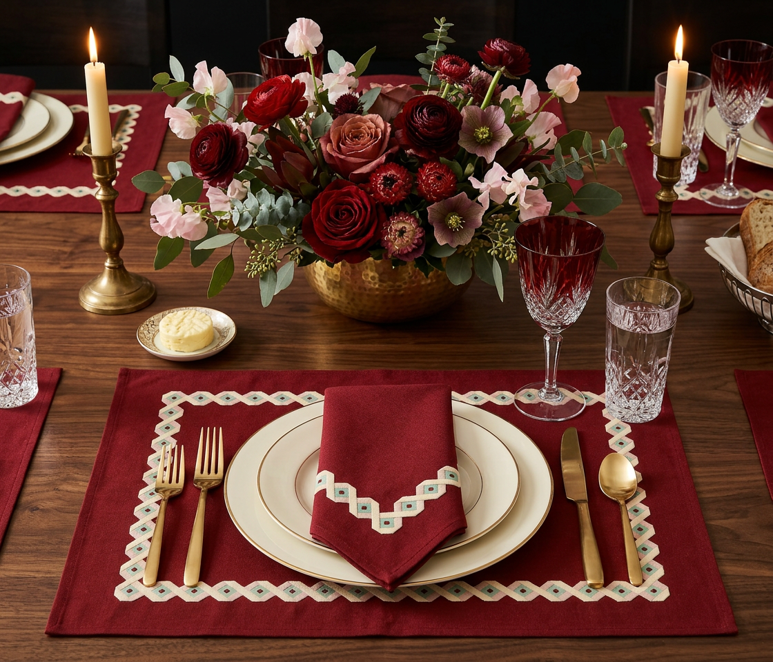 Ruby Lattice Placemats & Cloth Napkins - Set of 4