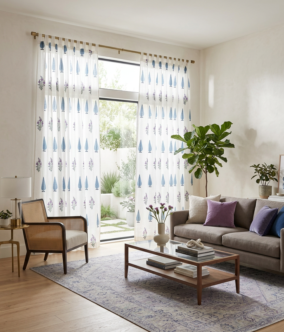 Blue Leaf Semi-Sheer Curtain