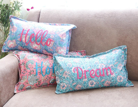 Hello Hand Embroidered Pillow 12x20 | Hand Block Printed Lumbar Cushion | Handmade Cotton Accent Pillow | Valentine Gift Decor