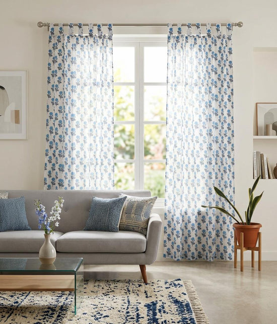 Blue Block Print Curtains | Semi Sheer Cotton Window Panels | Modern Farmhouse Drapes | Hand Block Print French Country Curtains