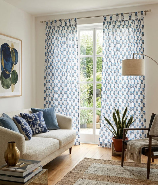 Blue Block Print Curtains | Semi Sheer Cotton Window Panels | Modern Farmhouse Drapes | Hand Block Print French Country Curtains