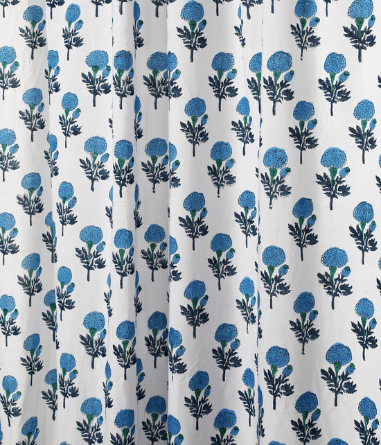 Blue Block Print Curtains | Semi Sheer Cotton Window Panels | Modern Farmhouse Drapes | Hand Block Print French Country Curtains
