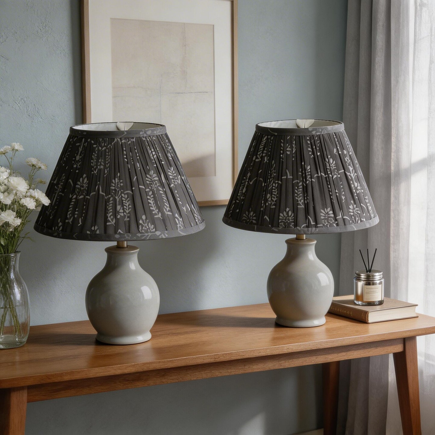 Gray Pleated Lampshade | Hand Screen Printed Fabric Shade | Neutral Empire Lamp Shade | Modern Minimal Table Lamp Shade | Spider Fitting