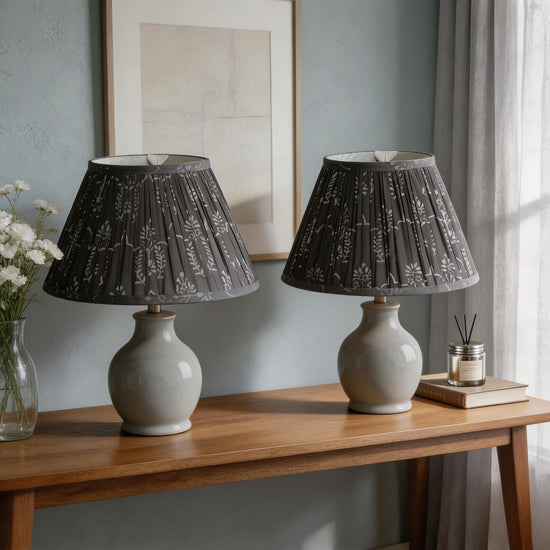 Gray Pleated Lampshade | Hand Screen Printed Fabric Shade | Neutral Empire Lamp Shade | Modern Minimal Table Lamp Shade | Spider Fitting