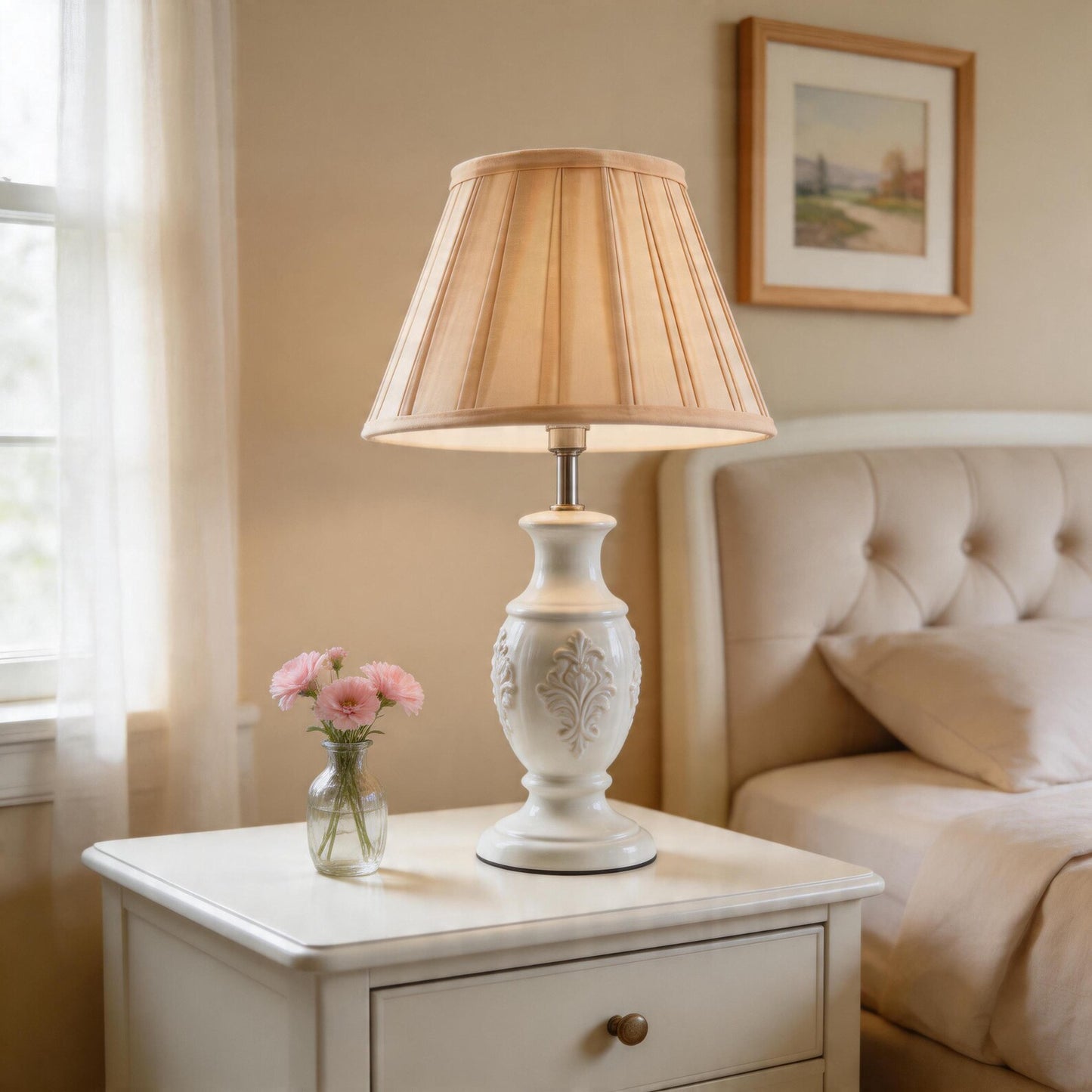 Handmade Beige Pleated Lampshade with Spider Fitter – Vintage French Country Lamp Shade – Neutral Bedside Lighting Decor