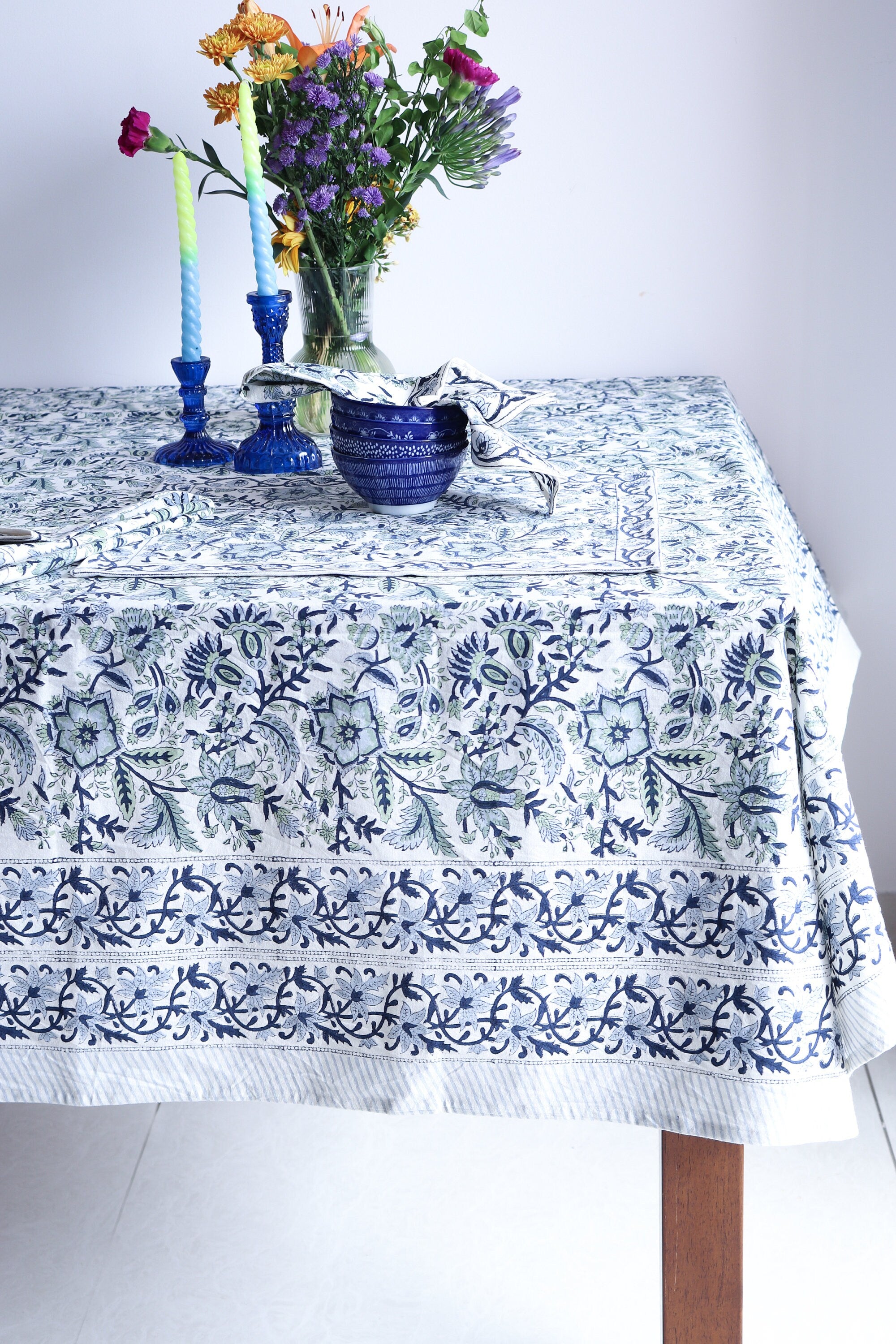 Hand Block Print Tablecloth - Indigo Blue Floral Cotton, 60x90