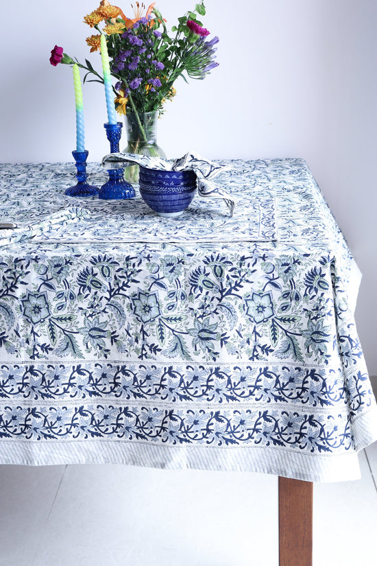 Hand Block Print Tablecloth - Indigo Blue Floral Cotton, 60x90
