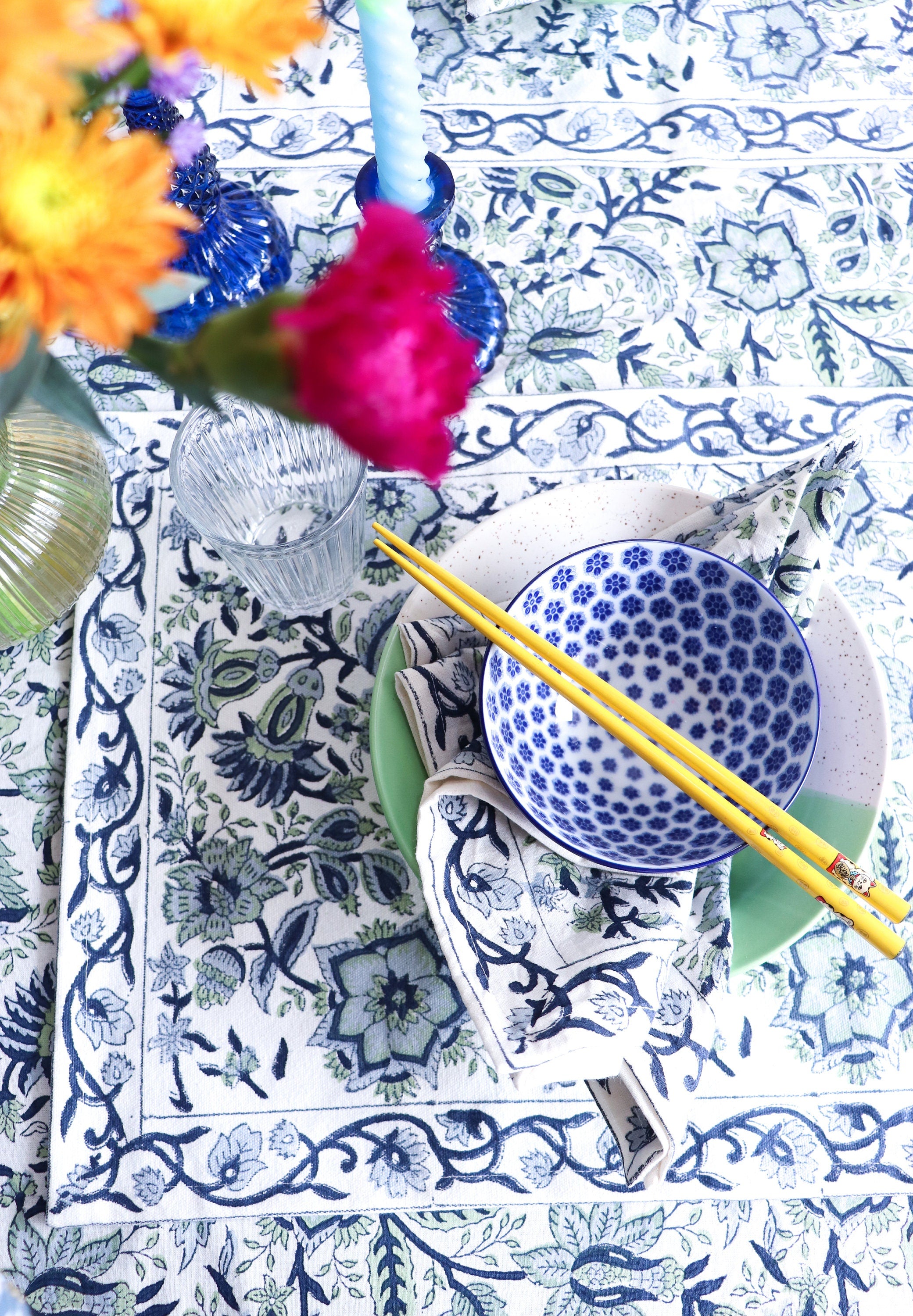 Floral Block Print Cotton Placemats - Set of 6, Blue & White