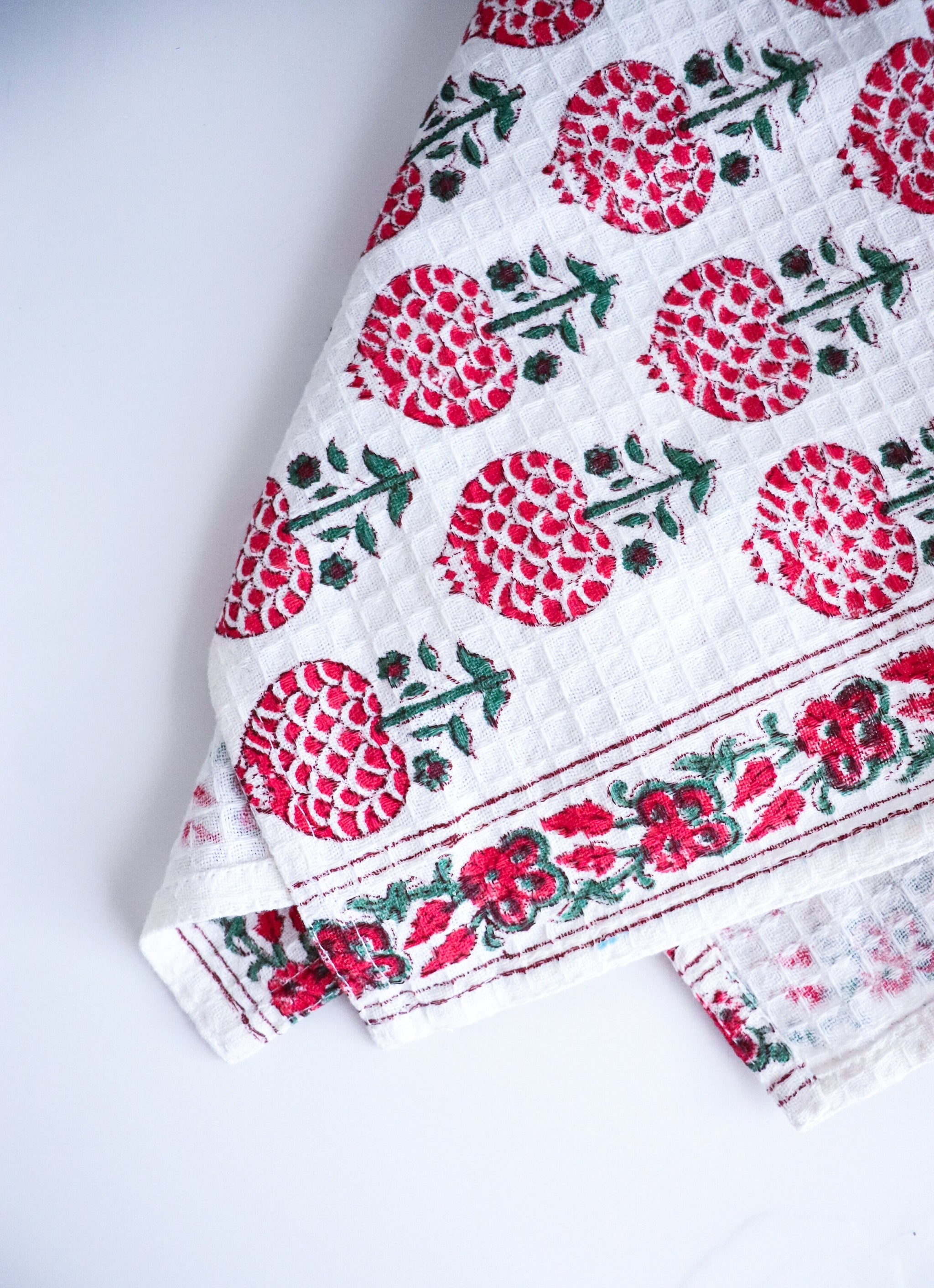 Floral Hand Block Printed Waffle Kitchen Towel Set