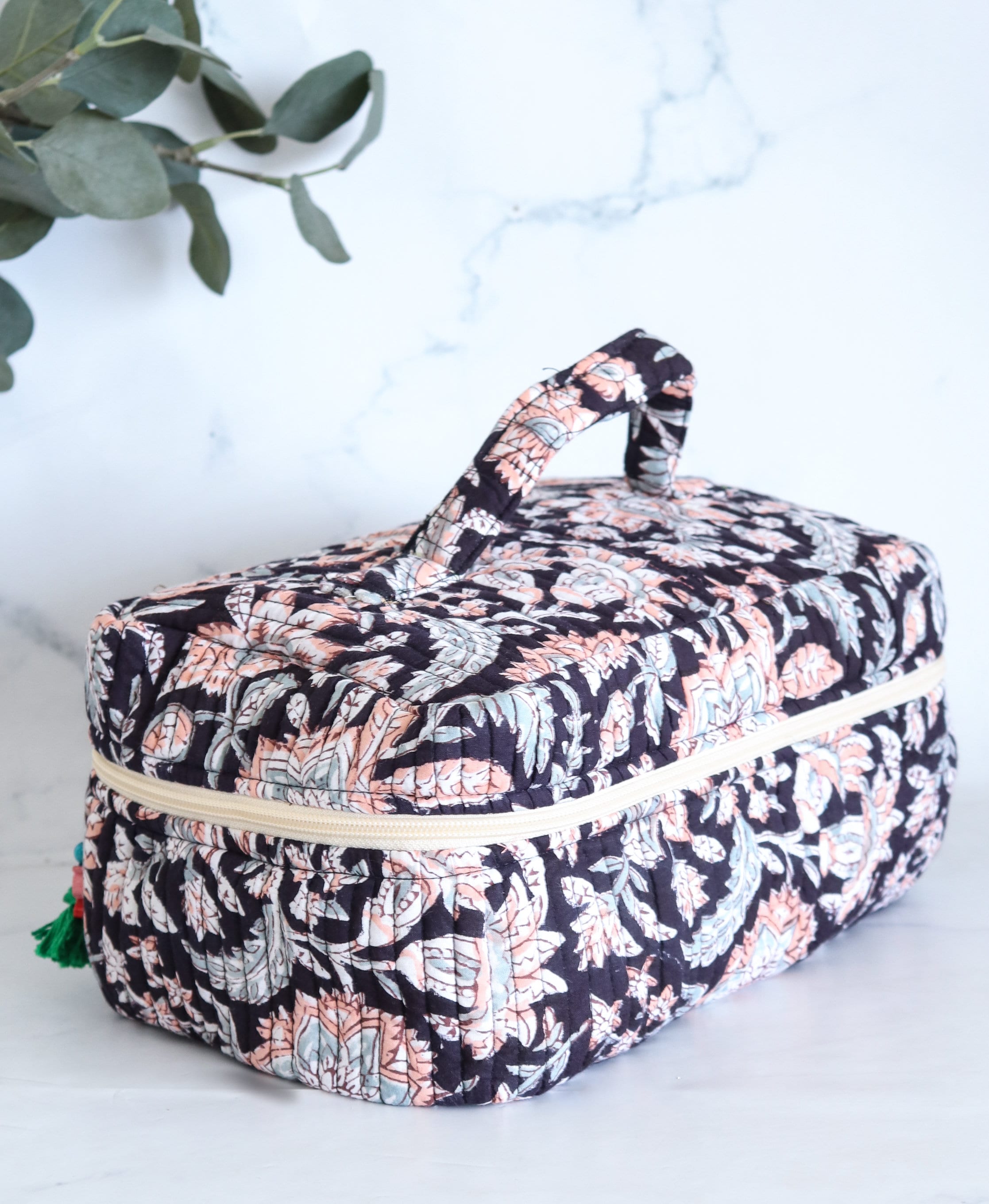 Handcrafted Quilted Vanity Bag – Black Floral Block Print Cosmetic Organizer