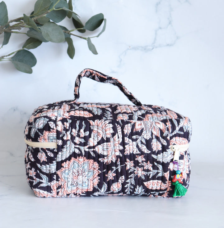 Handcrafted Quilted Vanity Bag – Black Floral Block Print Cosmetic Organizer