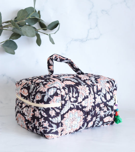 Handcrafted Quilted Vanity Bag – Black Floral Block Print Cosmetic Organizer