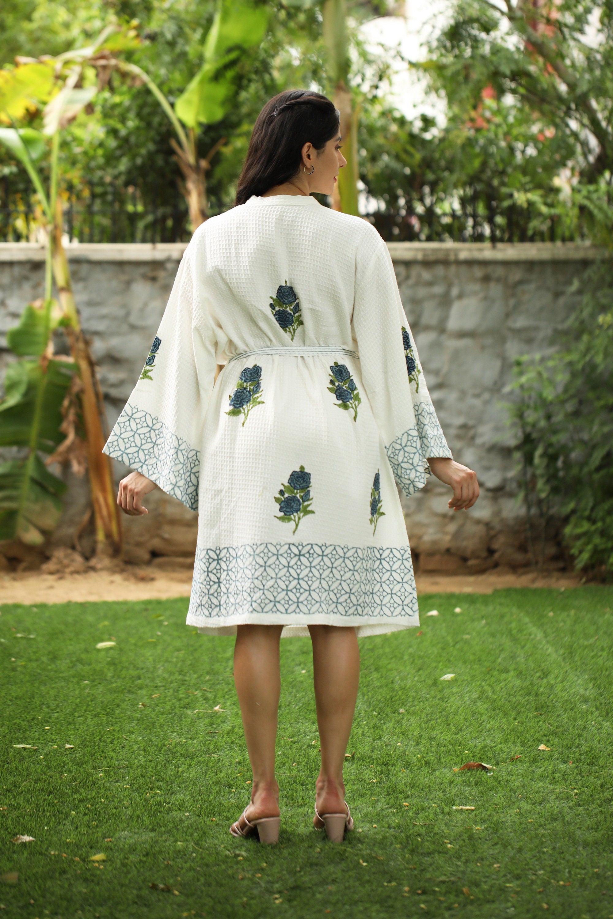 Waffle Cotton Bath Robe | Lightweight Spa Robe for Women | Block Print Cotton Robe | Absorbent Shower Robe | Soft Everyday Loungewear