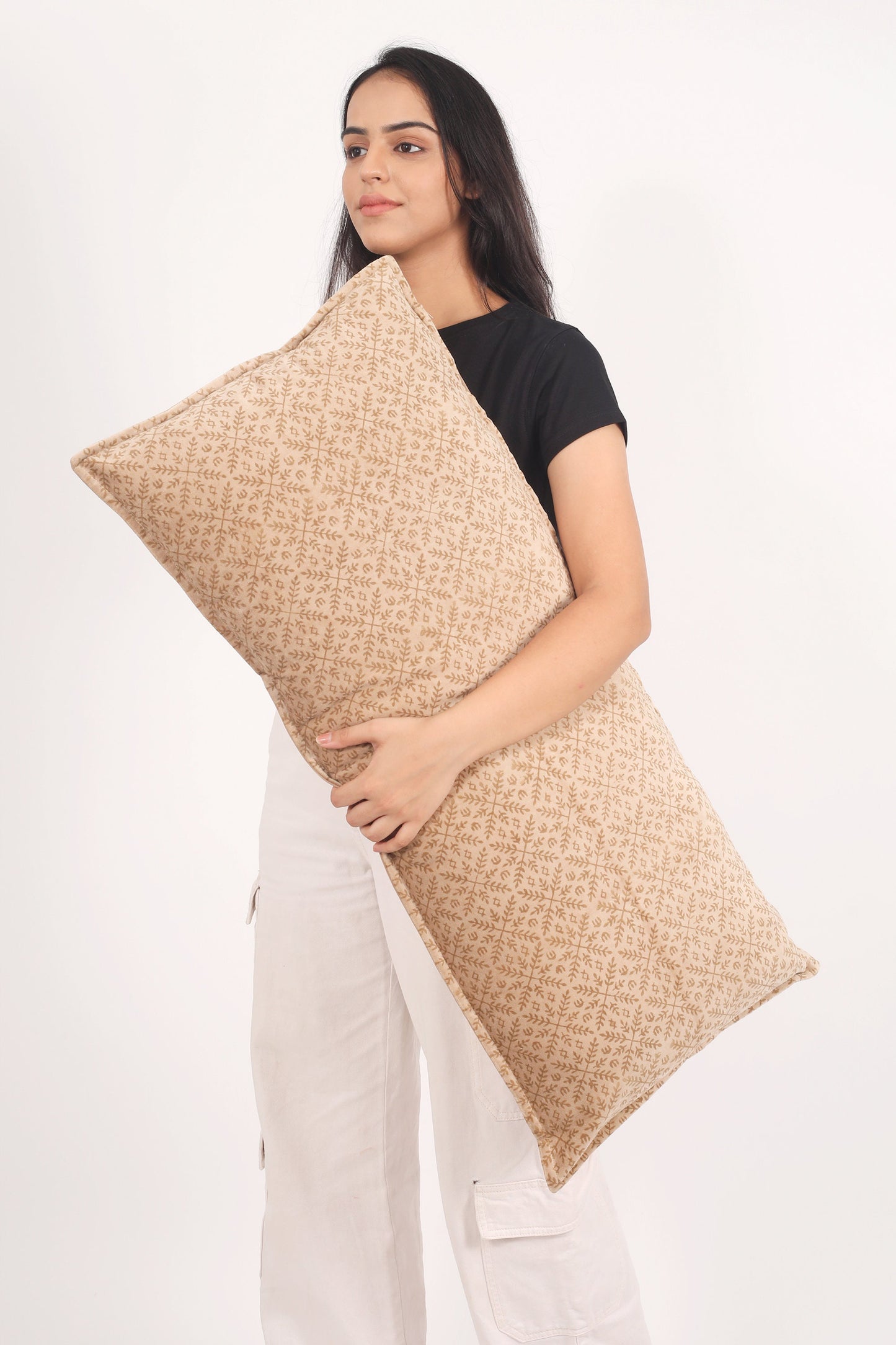 Oversized Lumbar Pillow Cover | Hand Block Print Neutral Cushion | 16x36 Boho Throw Pillow | Bed & Sofa Decor | Cotton Back with Zipper